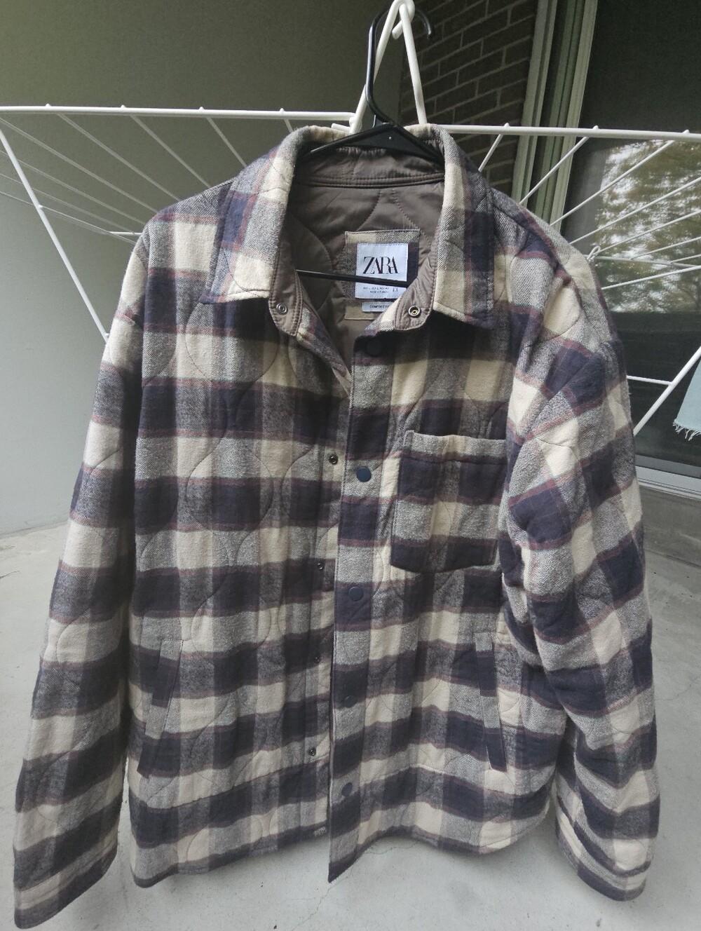 Zara Cream and Navy Plaid Quilted Shirt Jacket